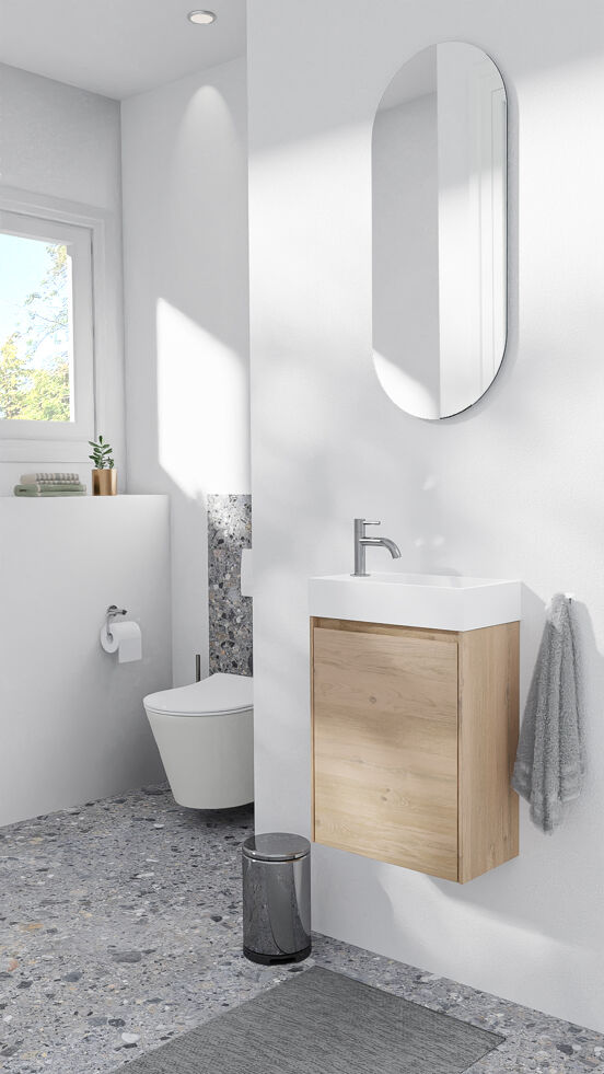 Storke Edge hängendes WC-Möbel-Set, 40 x 22 cm, Eiche rau, mit Fada Waschtisch in mattem Solid Surface