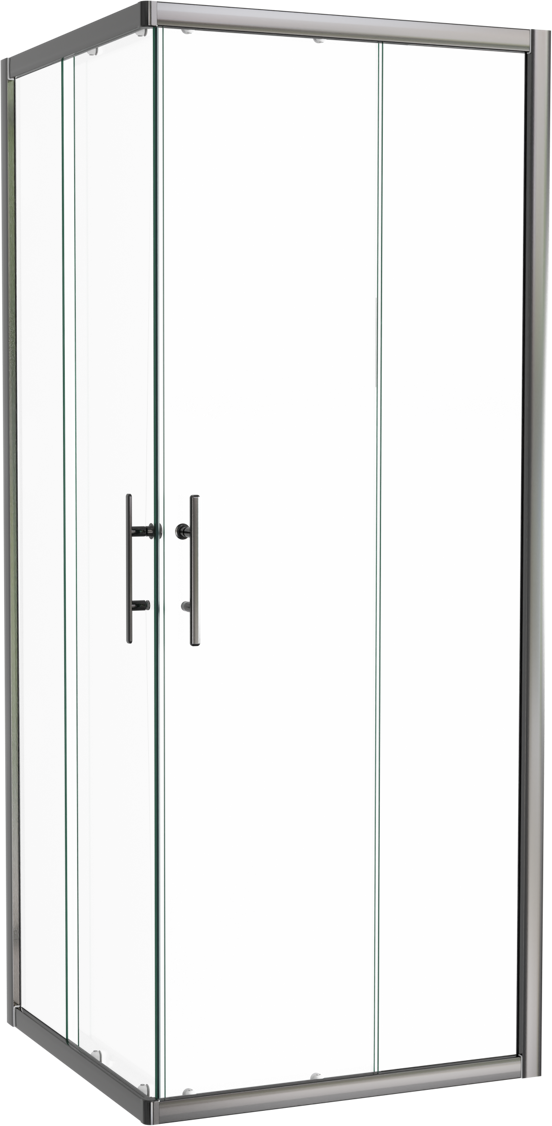 Linie Cadiz douchehoek met hoekinstap met dubbel schuifdeur 80 x 80 cm helder glas geborsteld chroom profiel