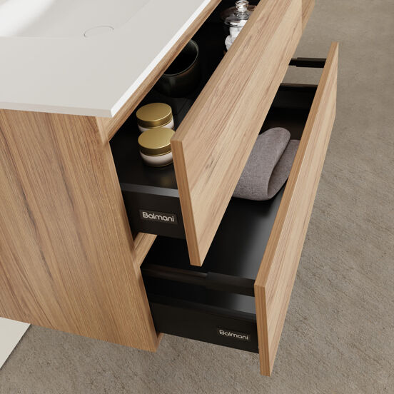 Balmani Lucida meuble salle de bains suspendu 150 x 55 cm teck avec Tablo Arcato double vasque en solid surface blanc mat