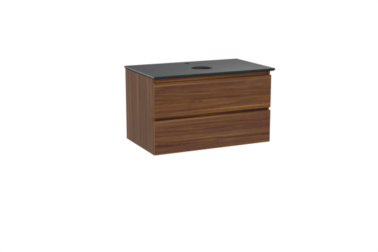 Balmani Lucida hängendes Möbelstück Set: 90 x 55 cm, Amerikanischer Nussbaum, mit Facetta Einzel Waschtischplatte, Schwarzes Granit