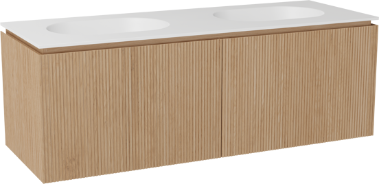Balmani Eclips zwevend badkamermeubel 150 x 55 cm Natuur eik met Tablo Oval dubbele wastafel in Solid Surface mat wit, Verticale symmetrische rechte ribbel