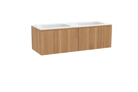 Balmani Idra hängendes Möbelstück Set: 150 x 55 cm, Teak, mit Tablo Strada Doppelwaschtisch, Marmorkomposit Weiß glänzend