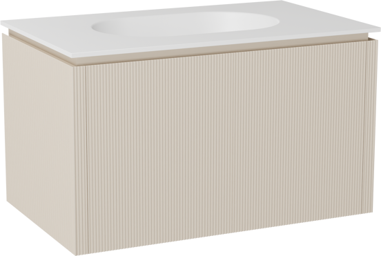 Balmani Eclips zwevend badkamermeubel 90 x 55 cm Sandbeige met Tablo Oval enkele wastafel in Solid Surface mat wit, Verticale symmetrische rechte ribbel