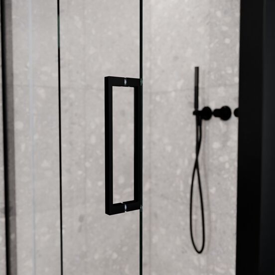 Balmani Senses Design douchehoek met linkse schuifdeur en vaste zijwand, 120 x 100 cm, Helder glas, Mat zwart profielen, met coating