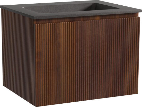 Storke Ribs hängendes Möbelstück Set: 65 x 52 cm, Nussbaum, mit Scuro Einzelwaschtisch, Quarz, Schwarz matt, Vertikale symmetrische gerade Rippe