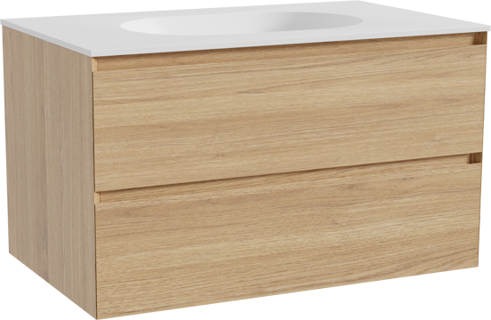 Balmani Mitra meuble salle de bains suspendu 90 x 55 cm chêne naturel avec Tablo Oval plan simple en solid surface blanc mat