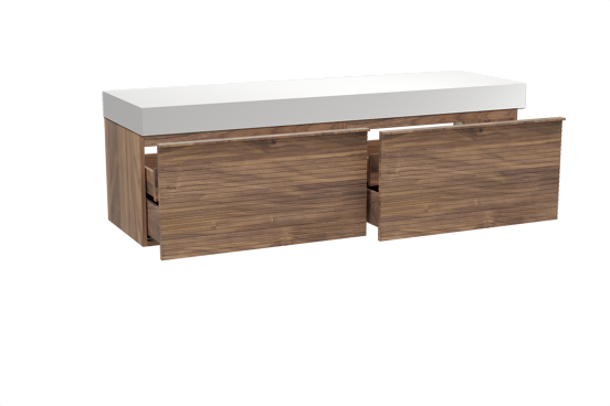 Balmani Forma zwevend badkamermeubel 180 x 55 cm amerikaanse notelaar met Dominus enkel of dubbel tablet in solid surface mat wit, Horizontale symmetrische rechte ribbel