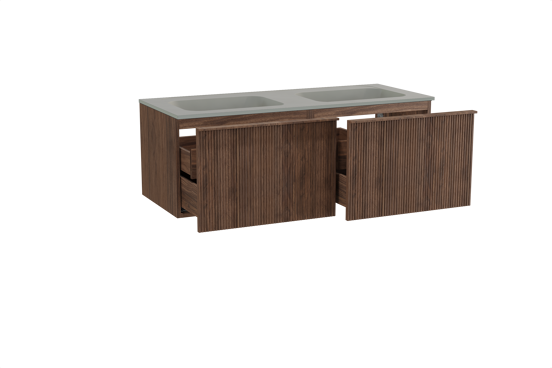 Balmani Forma zwevend badkamermeubel 135 x 55 cm amerikaanse notelaar met Tablo Strada dubbele wastafel in composietmarmer zijdegrijs, Verticale symmetrische rechte ribbel