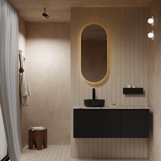 Balmani Mara Spiegelschrank 45 x 100 cm schwarz matt, mit Anti-Beschlag Spiegelheizung