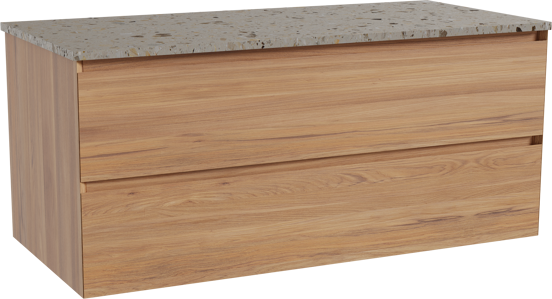 Balmani Mitra zwevend badkamermeubel 120 x 55 cm teak met Stretto enkel of dubbel tablet in terrazzo greige terrazzo