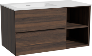 Storke Edge zwevend badkamermeubel 100 x 52 cm notelaar met Mata asymmetrisch linkse wastafel in solid surface mat wit
