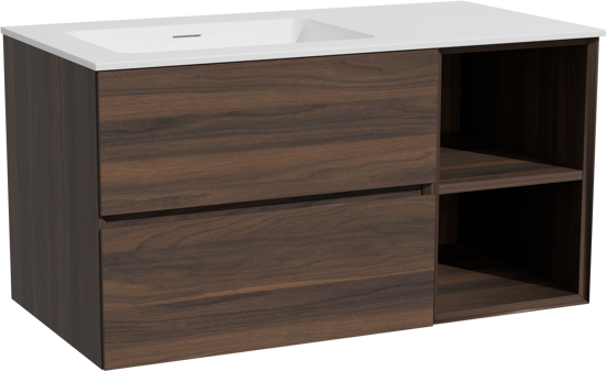 Storke Edge zwevend badkamermeubel 100 x 52 cm notelaar met Mata asymmetrisch linkse wastafel in solid surface mat wit