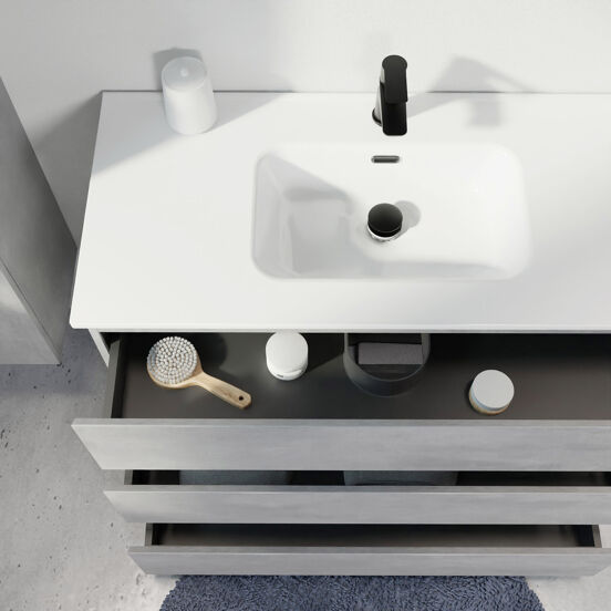 Linie Lado freistehendes Möbelstück Set: 80 x 46 cm, Beton dunkelgrau, mit Baro Einzelwaschtisch, Porzellan Weiß glänzend