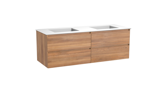 Balmani Mitra meuble salle de bains suspendu 150 x 55 cm teck avec Tablo Stretto double vasque en solid surface blanc mat