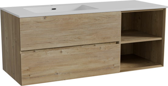 Storke Edge meuble salle de bains suspendu 130 x 52 cm chêne brut avec Diva plan vasque asymétrique à gauche en marbre composite blanc brillant