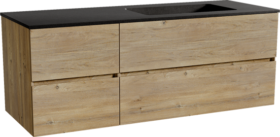 Storke Edge meuble salle de bains suspendu 140 x 52 cm chêne brut avec Scuro plan vasque asymétrique à droite en quartz noir mat