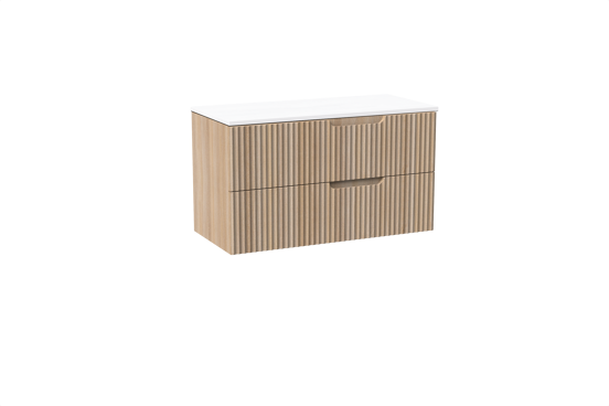 Linie Ribbo meuble salle de bains suspendu 100 x 46 cm chêne clair avec Lado tablette simple ou double en marbre composite blanc mat, Nervure circulaire symétrique verticale