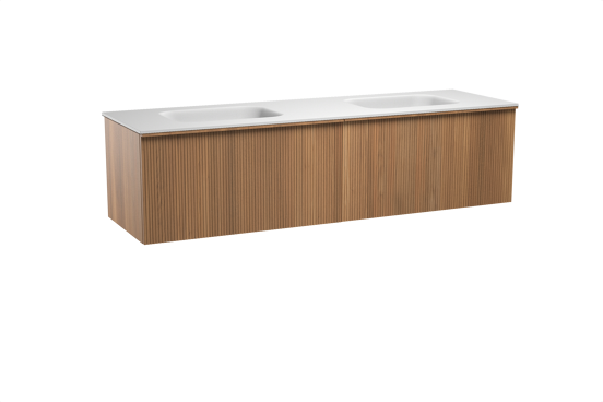 Balmani Forma hängendes Möbelstück Set: 180 x 55 cm, Teak, mit Tablo Arcato Doppelwaschtisch, Solid Surface, Weiß matt, Vertikale symmetrische gerade Rippe