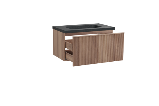 Balmani Forma hängendes Möbelstück Set: 90 x 55 cm, Teak, mit Napoli Einzelwaschtisch, Granit, Schwarzes Granit, Vertikale symmetrische gerade Rippe