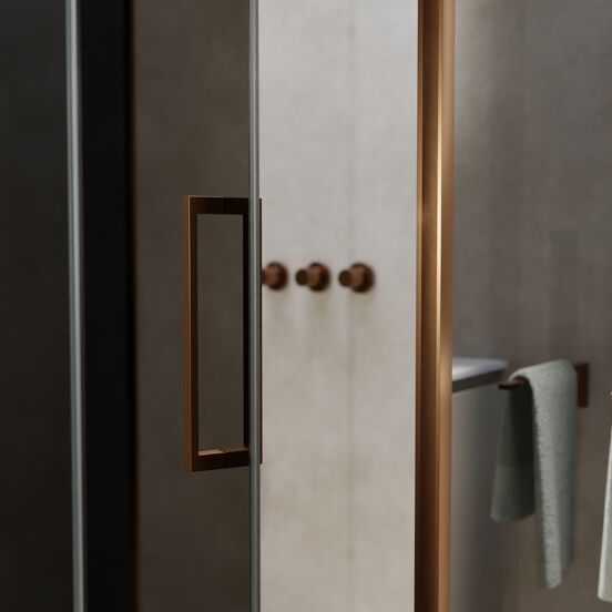 Balmani Senses Design douchehoek met linkse draaideur en vaste zijwand, 140 x 90 cm, Rookglas, Brushed Rosegold profielen