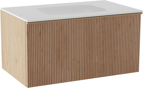 Balmani Forma zwevend badkamermeubel 90 x 55 cm natuur eik met Tablo Arcato enkele wastafel in solid surface mat wit, Verticale symmetrische rechte ribbel