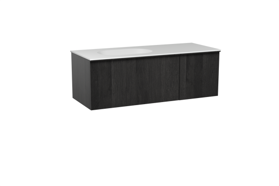 Balmani Forma hängendes Möbelstück Set: 135 x 55 cm, Schwarze Eiche, mit Tablo Oval Waschtisch links, Solid Surface, Weiß matt, Vertikale symmetrische gerade Rippe