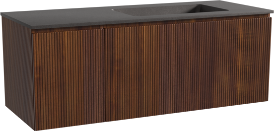 Storke Ribs hängendes Möbelstück Set: 130 x 52 cm, Nussbaum, mit Scuro Waschtisch rechts, Quarz, Schwarz matt, Vertikale symmetrische gerade Rippe