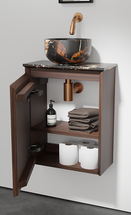 Balmani Mitra zwevend toiletmeubel 42 x 21 cm amerikaans notenhout met Facetta wastafelblad en Bowl waskom in Portoro Gold marmer