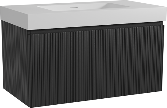 Storke Ribs meuble salle de bains suspendu 95 x 52 cm chêne noir avec Mata High plan simple en solid surface blanc mat, Nervure droite asymétrique verticale