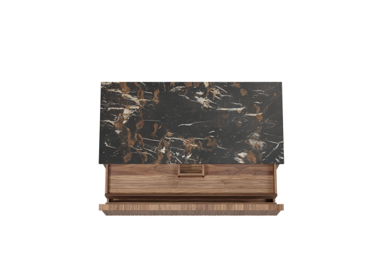 Balmani Forma hängendes Möbelstück Set: 120 x 55 cm, Amerikanischer Nussbaum, mit Stretto Einzel Waschtischplatte, Marmor, Portoro Gold, Vertikale asymmetrische Runde Rippe