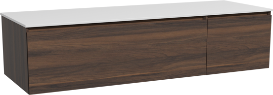 Storke Edge zwevend badmeubel 150 x 52 cm notenhout met Tavola enkel of dubbel wastafelblad in solid surface mat wit