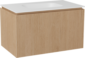 Balmani Eclips zwevend badmeubel 90 x 55 cm Natuur eiken met Tablo Arcato enkele wastafel in Solid Surface mat wit, Verticale symmetrische rechte ribbel
