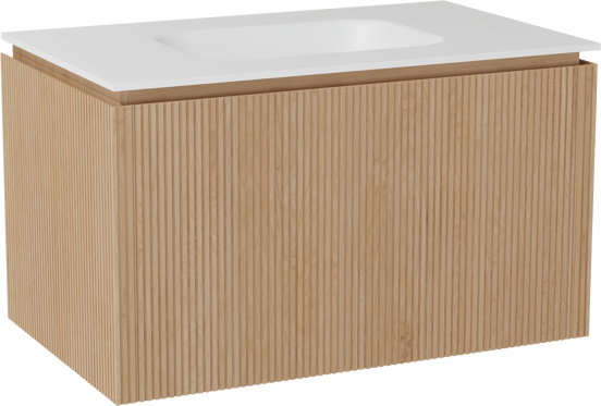 Balmani Eclips zwevend badmeubel 90 x 55 cm Natuur eiken met Tablo Arcato enkele wastafel in Solid Surface mat wit, Verticale symmetrische rechte ribbel