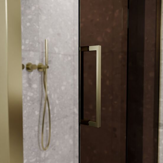 Balmani Senses Design douchehoek met rechtse schuifdeur en vaste zijwand, 140 x 100 cm, Brons, Brushed Champagne Gold profielen, met coating