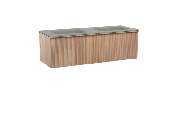 Balmani Forma zwevend badkamermeubel 150 x 55 cm natuur eik met Tablo Strada dubbele wastafel in composietmarmer zijdegrijs, Verticale symmetrische rechte ribbel