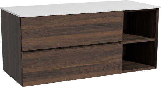 Storke Edge meuble salle de bains suspendu 120 x 52 cm noyer avec Tavola tablette simple ou double en solid surface blanc mat