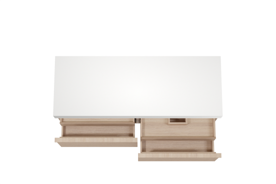 Balmani Forma hängendes Möbelstück Set: 150 x 55 cm, Naturbelassene Eiche, mit Dominus Einzel- oder Doppel Waschtischplatte, Solid Surface, Weiß matt, Horizontale symmetrische gerade Rippe