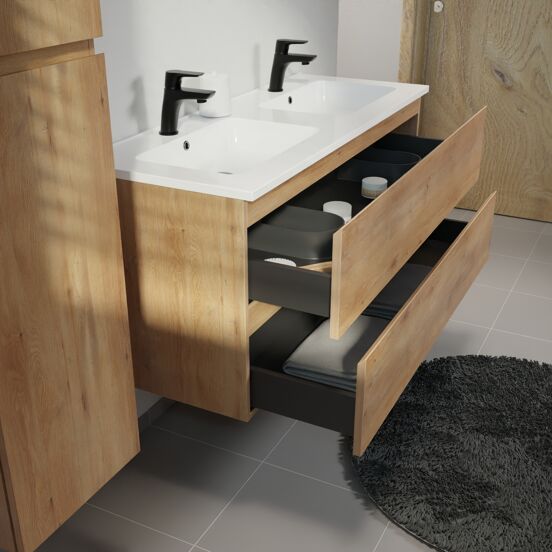Linie Lado meuble salle de bains suspendu 120 x 46 cm chêne naturel avec Vano double vasque en marbre composite blanc brillant