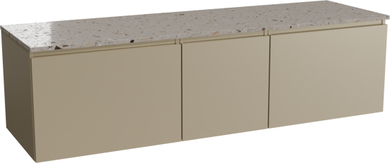 Balmani Sfera hängendes Möbelstück Set: 180 x 55 cm, Dune, mit Stretto Einzel- oder Doppel Waschtischplatte, Terrazzo in Greige