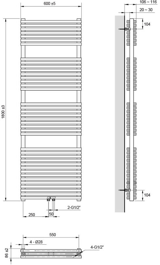 Vipera Vesuvio doppel Handtuchheizkörper 60 x 180 cm elektrische Heizung weiß matt Seiten- und Mittelanschluss 2.500W, inkl. Widerstand, nicht für Deutschland geeignet