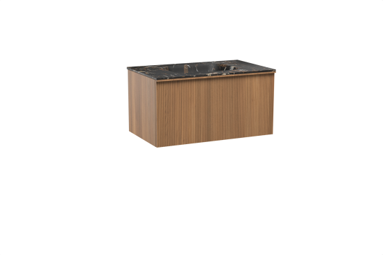 Balmani Forma hängendes Möbelstück Set: 90 x 55 cm, Teak, mit Tablo Arcato Einzelwaschtisch, Marmor, Portoro Gold, Vertikale symmetrische gerade Rippe