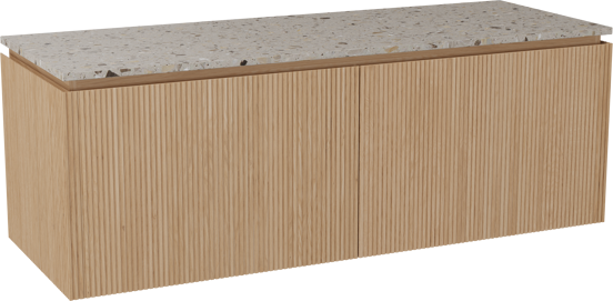 Balmani Eclips hängendes Möbelstück Set: 150 x 55 cm, Eiche Natur, mit Stretto Einzel- oder Doppel Waschtischplatte Greige Terrazzo, Vertikale symmetrische gerade Rippe