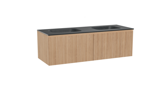 Balmani Fila hängendes Möbelstück Set: 150 x 55 cm, Naturbelassene Eiche, mit Tablo Arcato Doppelwaschtisch, Granit, Schwarzes Granit, Vertikale symmetrische gerade Rippe