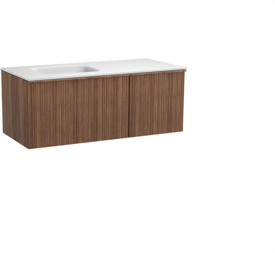 Balmani Forma zwevend badmeubel 120 x 55 cm amerikaans notenhout met Tablo Arcato asymmetrisch linkse wastafel in solid surface mat wit, Verticale asymmetrische ronde ribbel