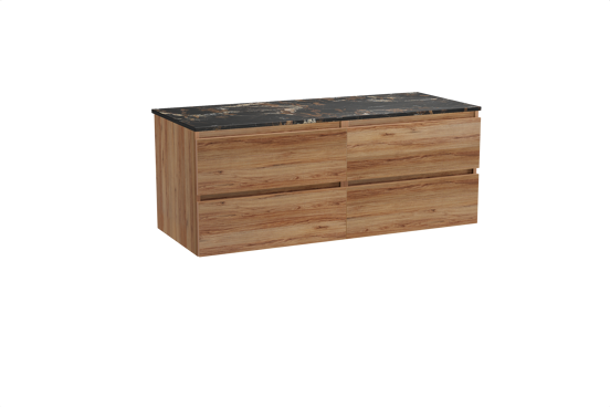 Balmani Lucida hängendes Möbelstück Set: 135 x 55 cm, Teak, mit Stretto Einzel- oder Doppel Waschtischplatte, Marmor Portoro Gold