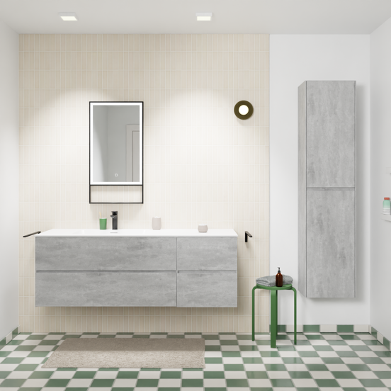 Storke Edge meuble salle de bains suspendu 150 x 52 cm béton gris foncé avec Mata plan vasque asymétrique à gauche en solid surface blanc mat