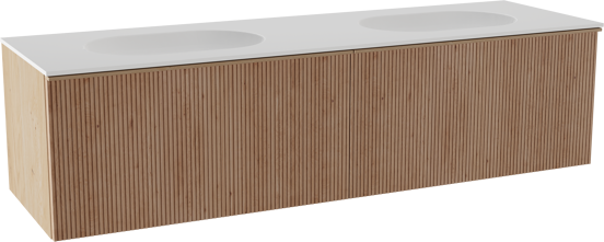 Balmani Forma meuble salle de bains suspendu 180 x 55 cm chêne naturel avec Tablo Oval double vasque en solid surface blanc mat, Nervure droite symétrique verticale