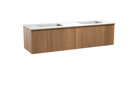 Balmani Forma hängendes Möbelstück Set: 180 x 55 cm, Teak, mit Tablo Stretto Doppelwaschtisch, Solid Surface, Weiß matt, Vertikale symmetrische gerade Rippe