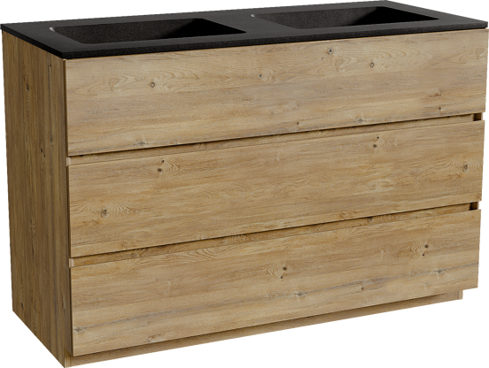 Storke Edge freistehendes Möbelstück Set: 120 x 52 cm, Rohe Eiche, mit Scuro Doppelwaschtisch, Quarz Schwarz matt