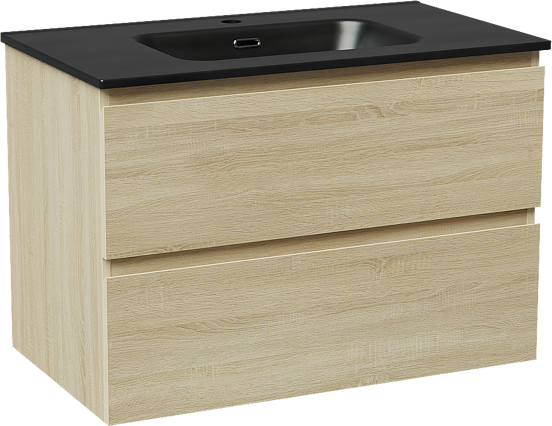 Linie Lado meuble salle de bains suspendu 80 x 46 cm chêne blanc avec Baro plan simple en porcelaine noir mat